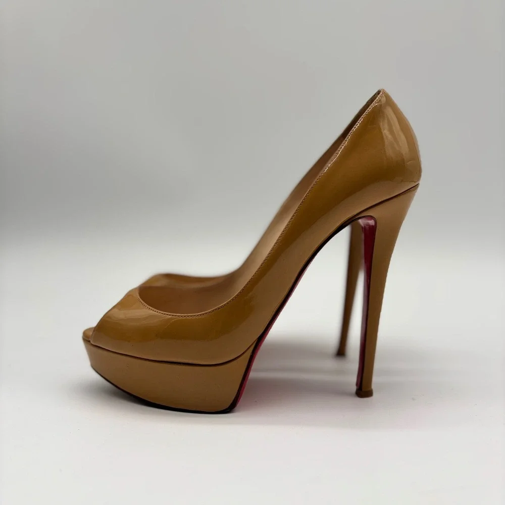 Christian Louboutin Lady Peep 150 Patent Leather Platform Pumps Tan Camel 38.5